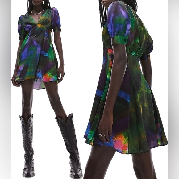 Topshop Satin Puff Sleeve Mini Dress Sz 4 - Picture 1 of 9